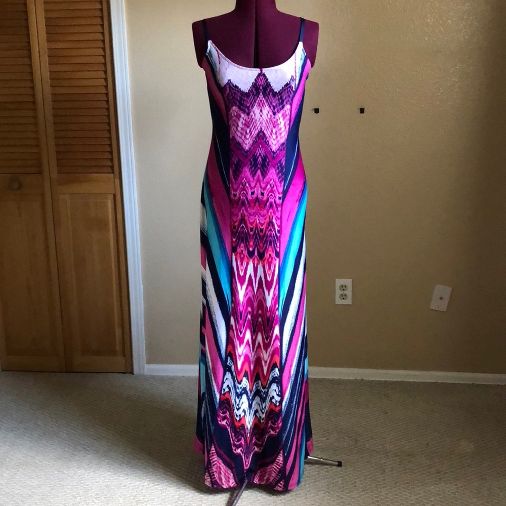 Floor length multi colored maxi dress.